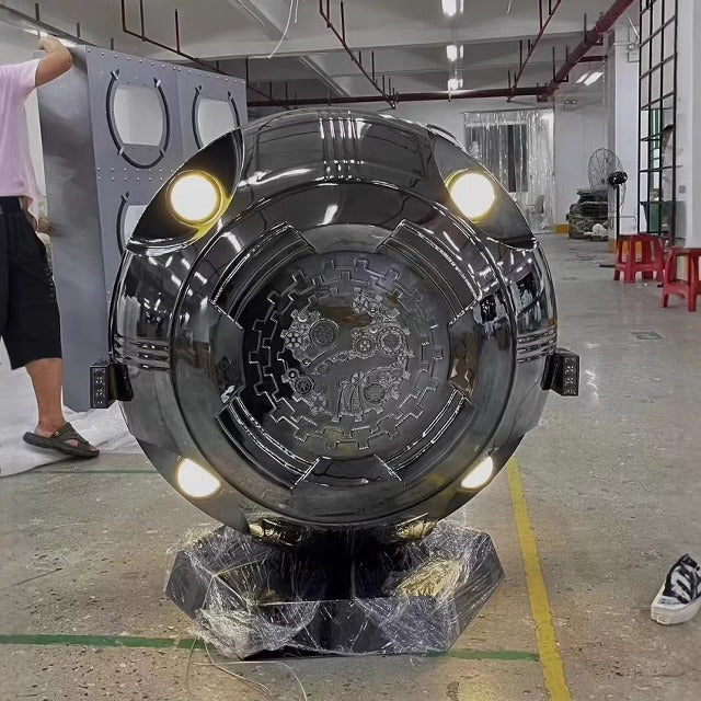 Stainless steel metal planetary spacecraft technology sculpture