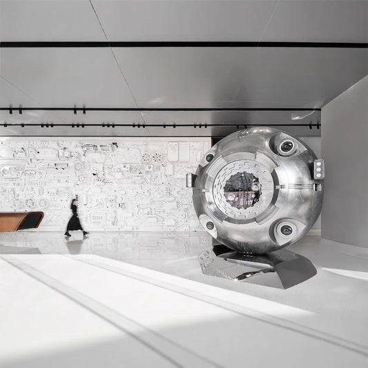 Stainless steel metal planetary spacecraft technology sculpture