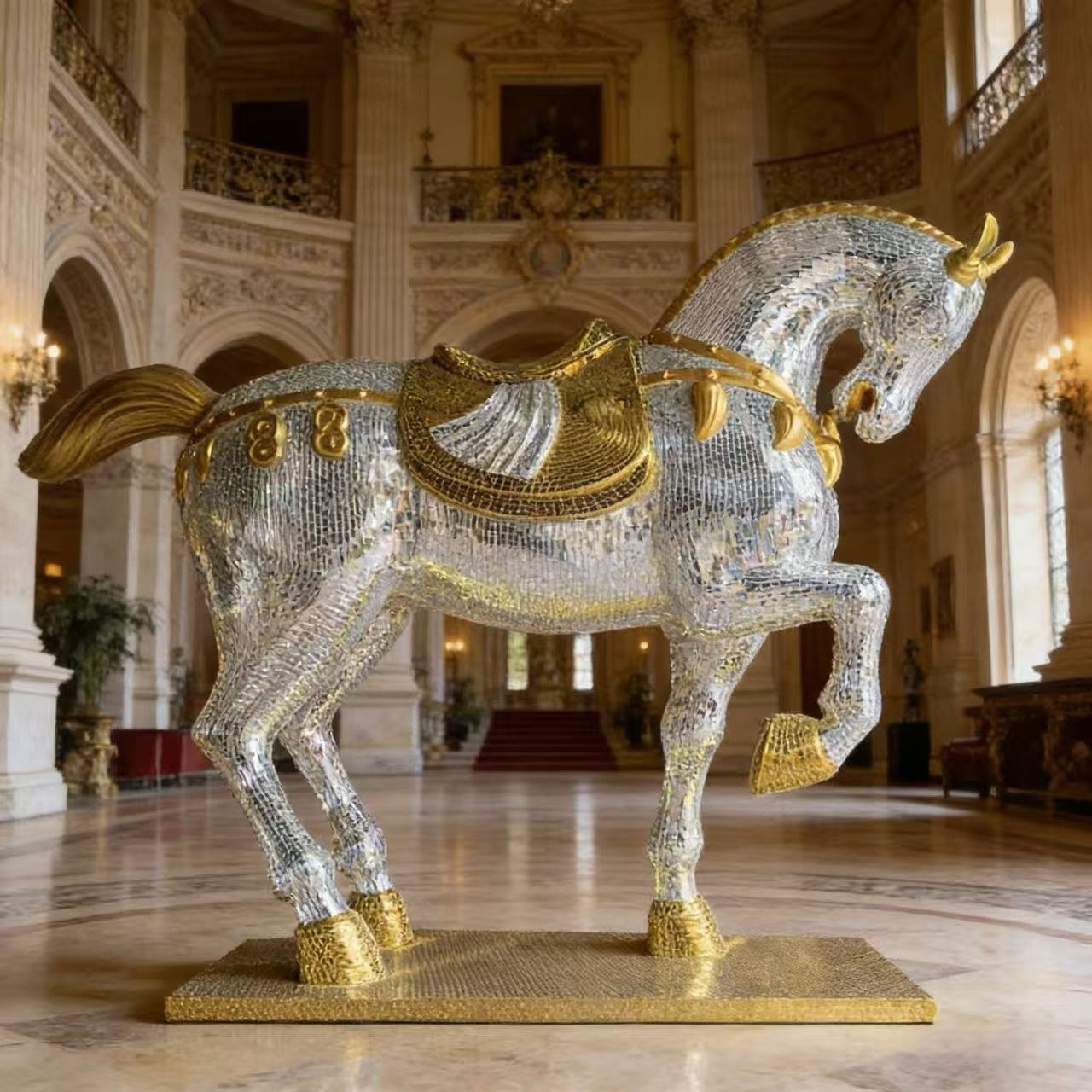 Galloping Warhorse Statue With Mirrored Diamond Exterio
