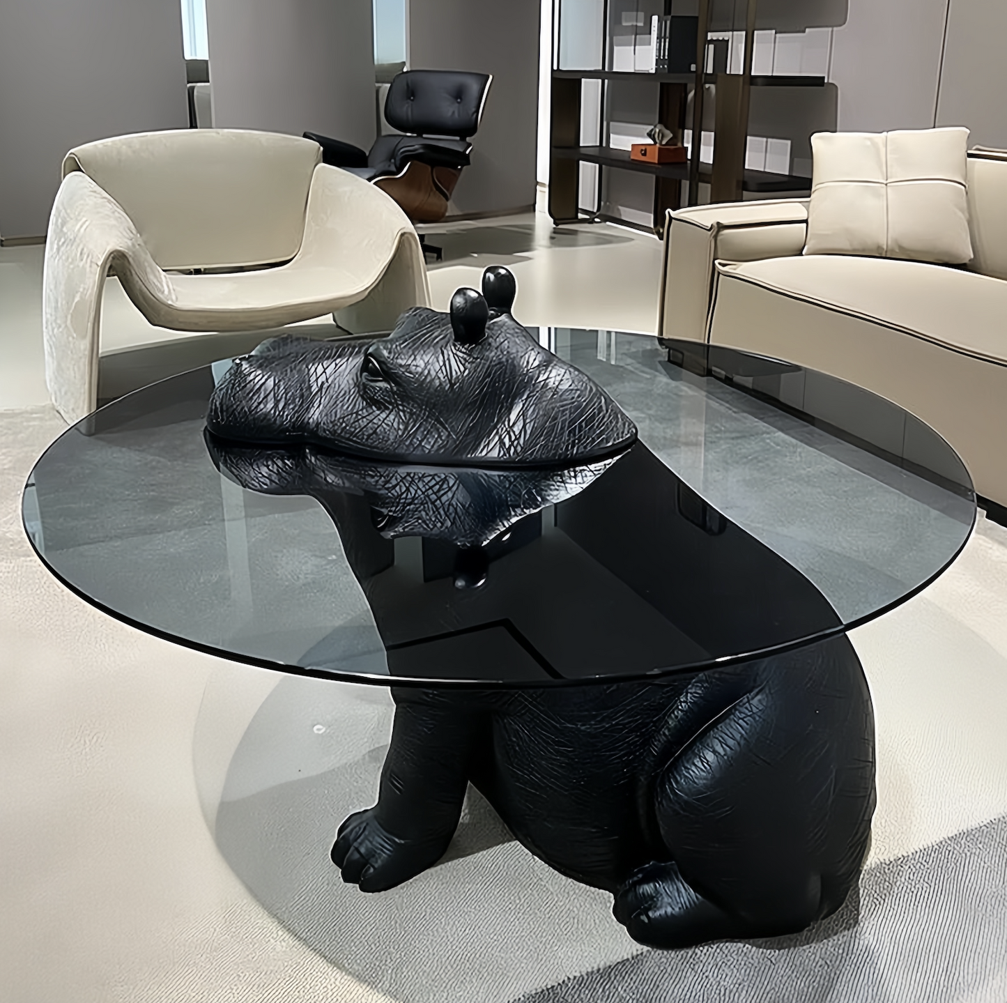 River Horse Figurine Glass Top Coffee Table