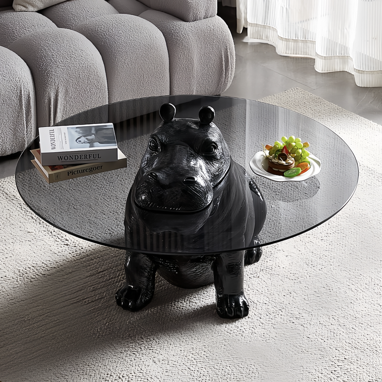 River Horse Figurine Glass Top Coffee Table
